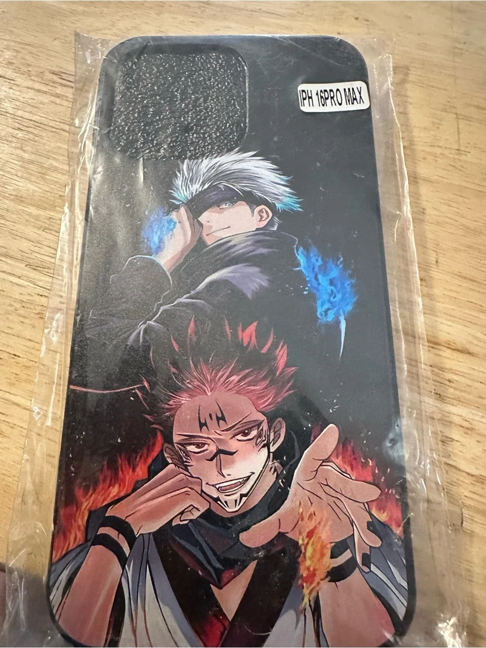 Anime Character iPhone 16 Pro Max Case - Black with Blue & Red Flames